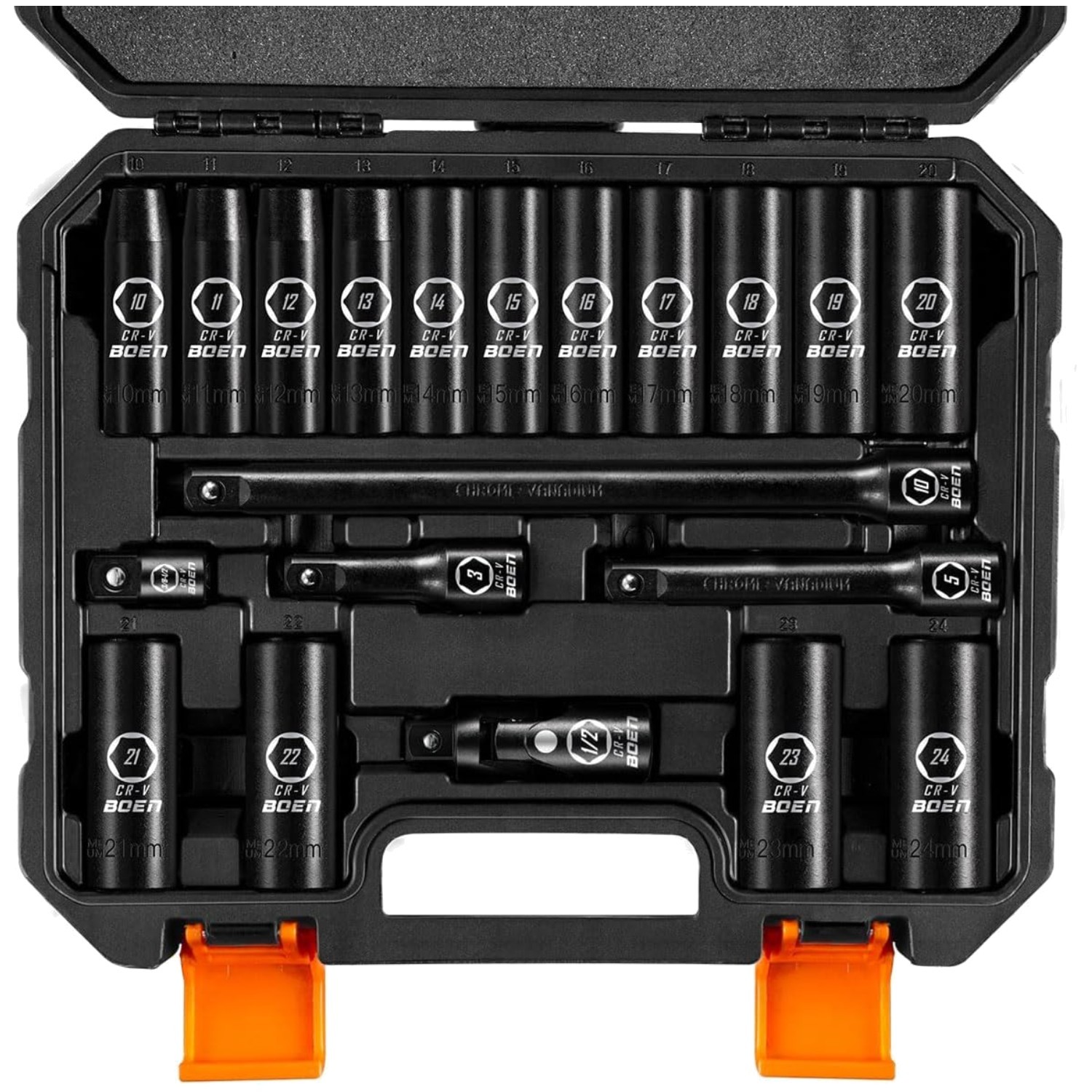 20-Piece Metric Deep Impact Socket Set, Cr-V Steel 10-24mm