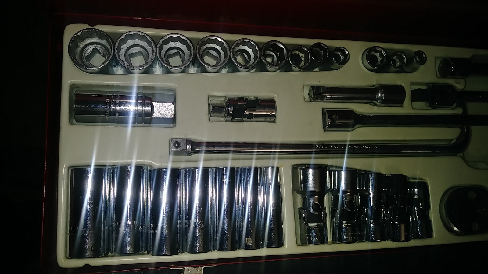 USA Proto 3/8dr 33pc 6&12pt Socket Set Shallow,Deep,Swivel Speeder EUC Metal Box
