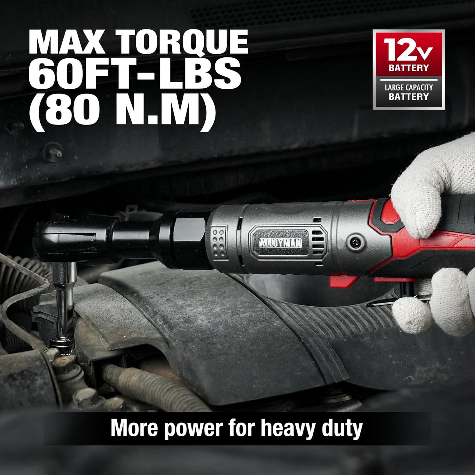 3/8″ Cordless Ratchet Wrench Set, 60FT-LBS(80N.m) Electric Ratchet, 12V Extended