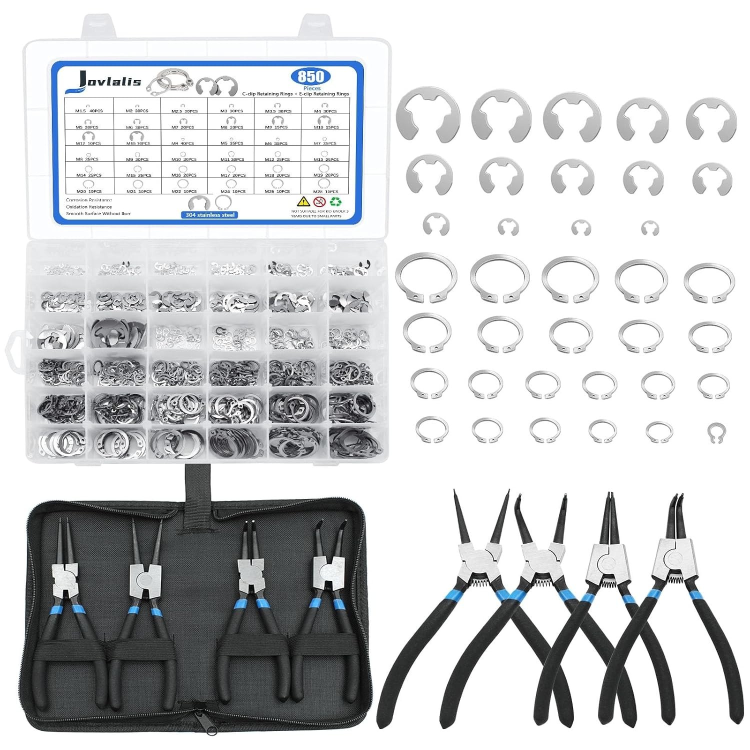 Stainless Steel Snap Rings + E-clip Assortment + 4-Pc Pliers