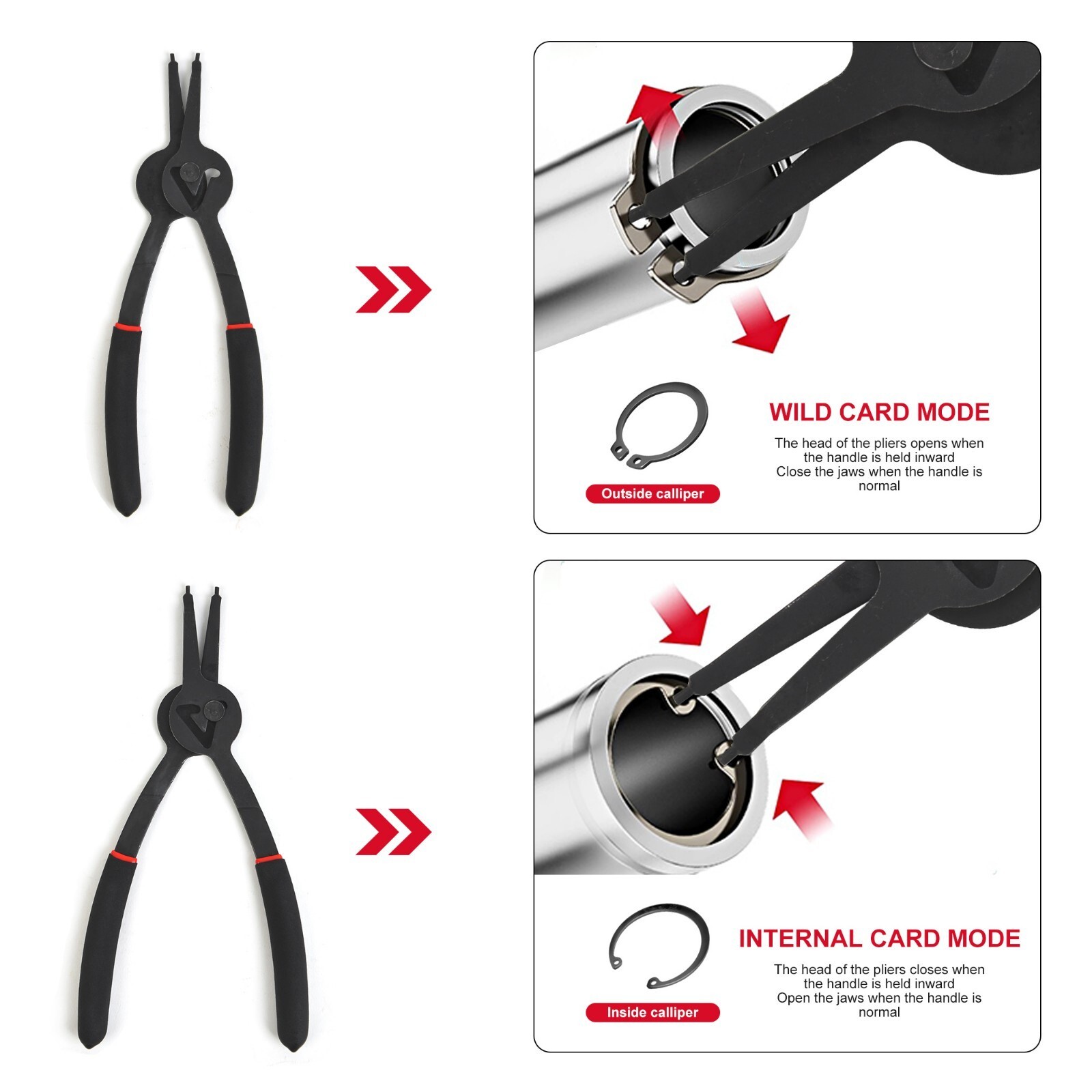 Versatile Retaining Snap Ring Pliers set 45 degree 90 degree and straight Tips