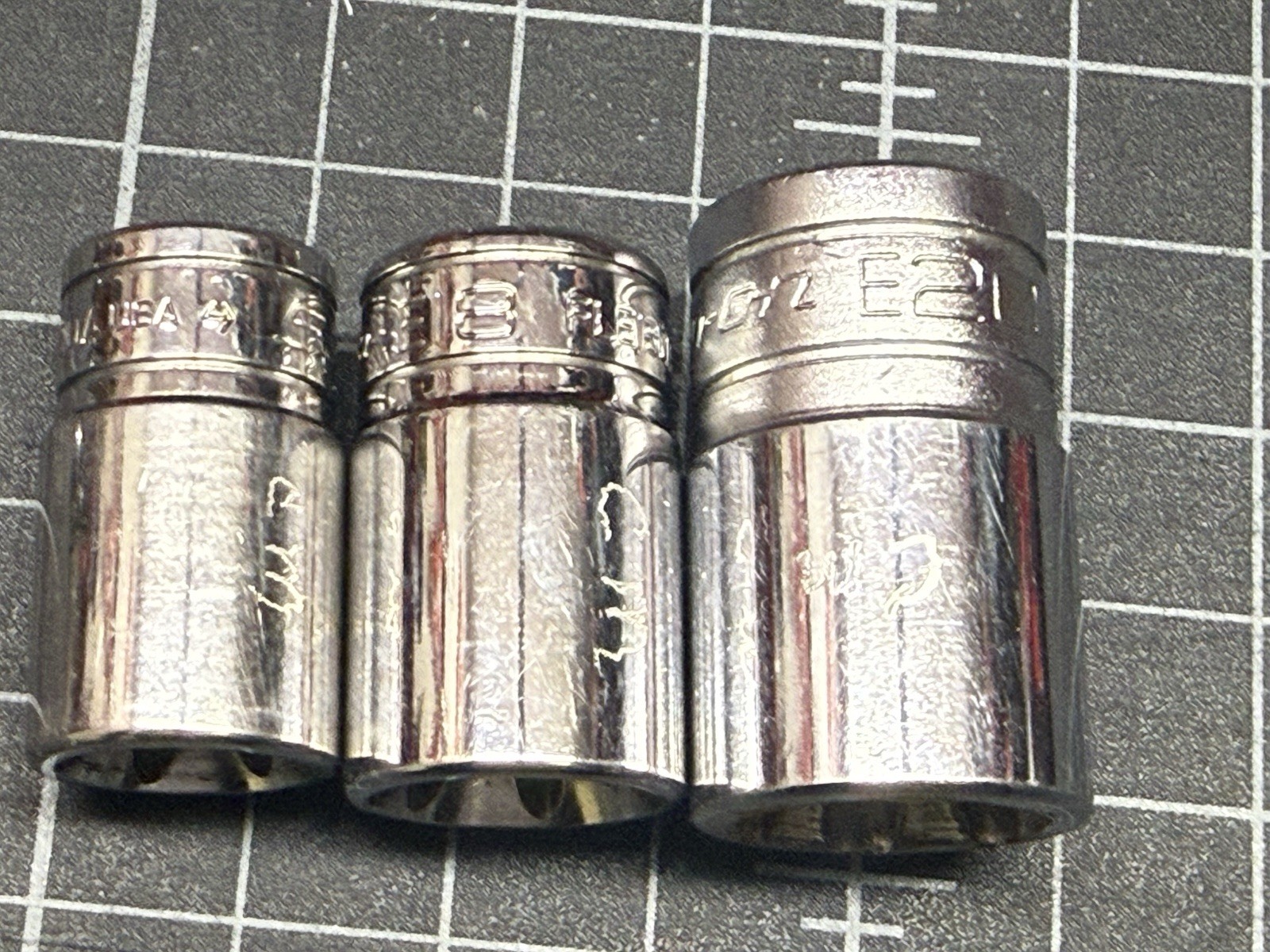Lot of 3 Snap On Trox Sockets 3/8 & 1/2″ Drive E16, E18, E20, Made in USA