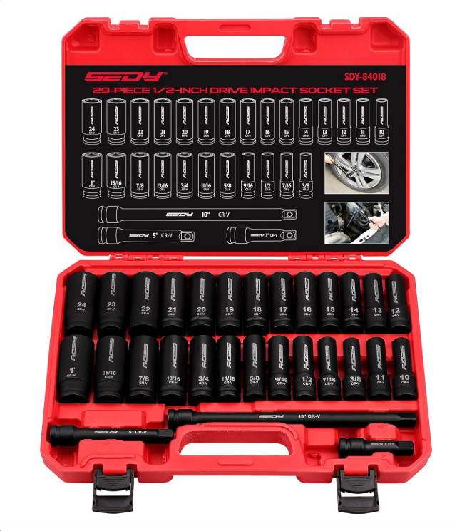 29-Piece 1/2″ Drive Impact Socket Set, SAE & Metric with Extension Bars