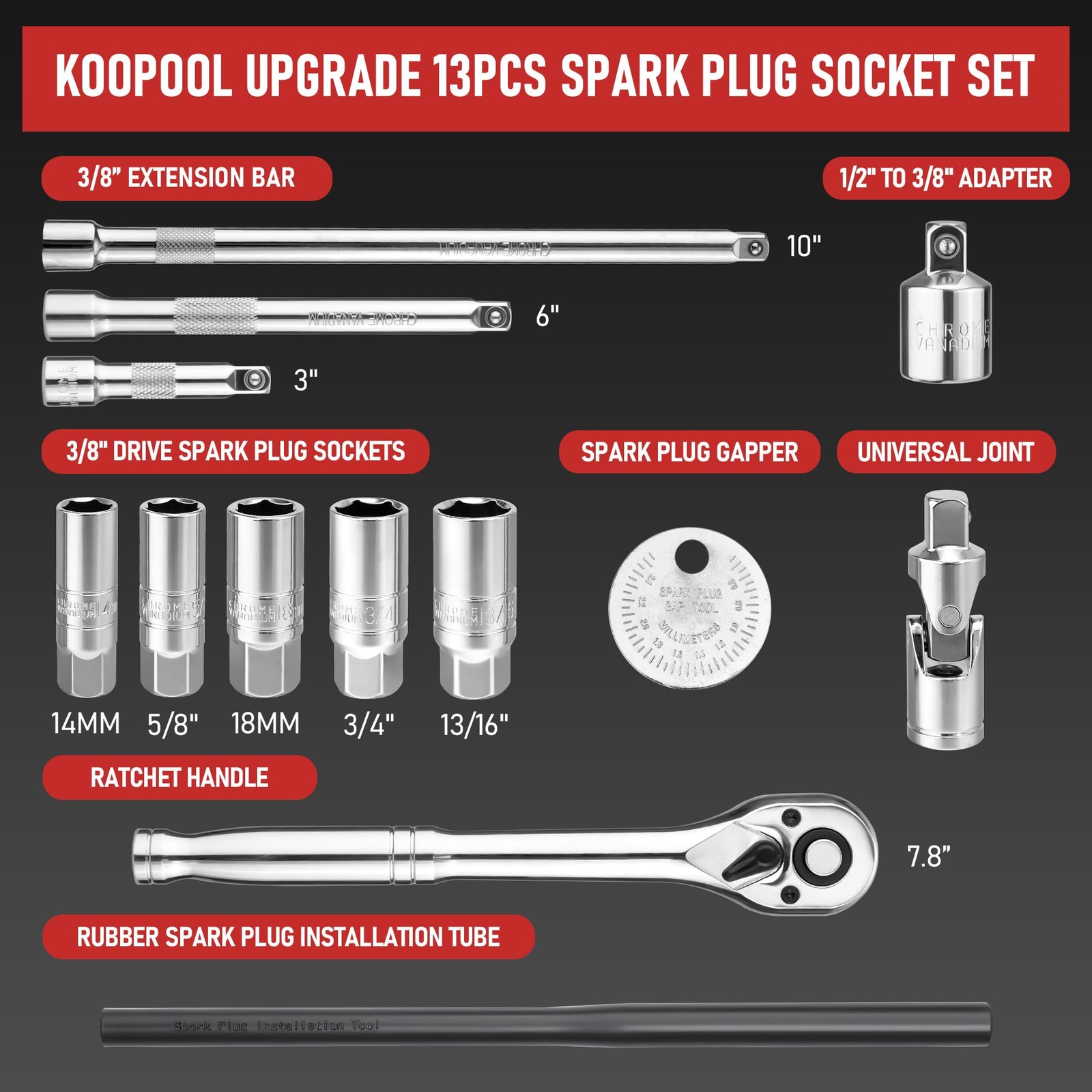 13pc 3/8″ Spark Plug Socket Set with Installation Tube, Drive One Size