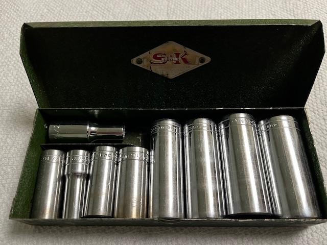 Vintage S-K Sherman-Klove 3/“ Drive SAE Deep Socket Set with Metal Case