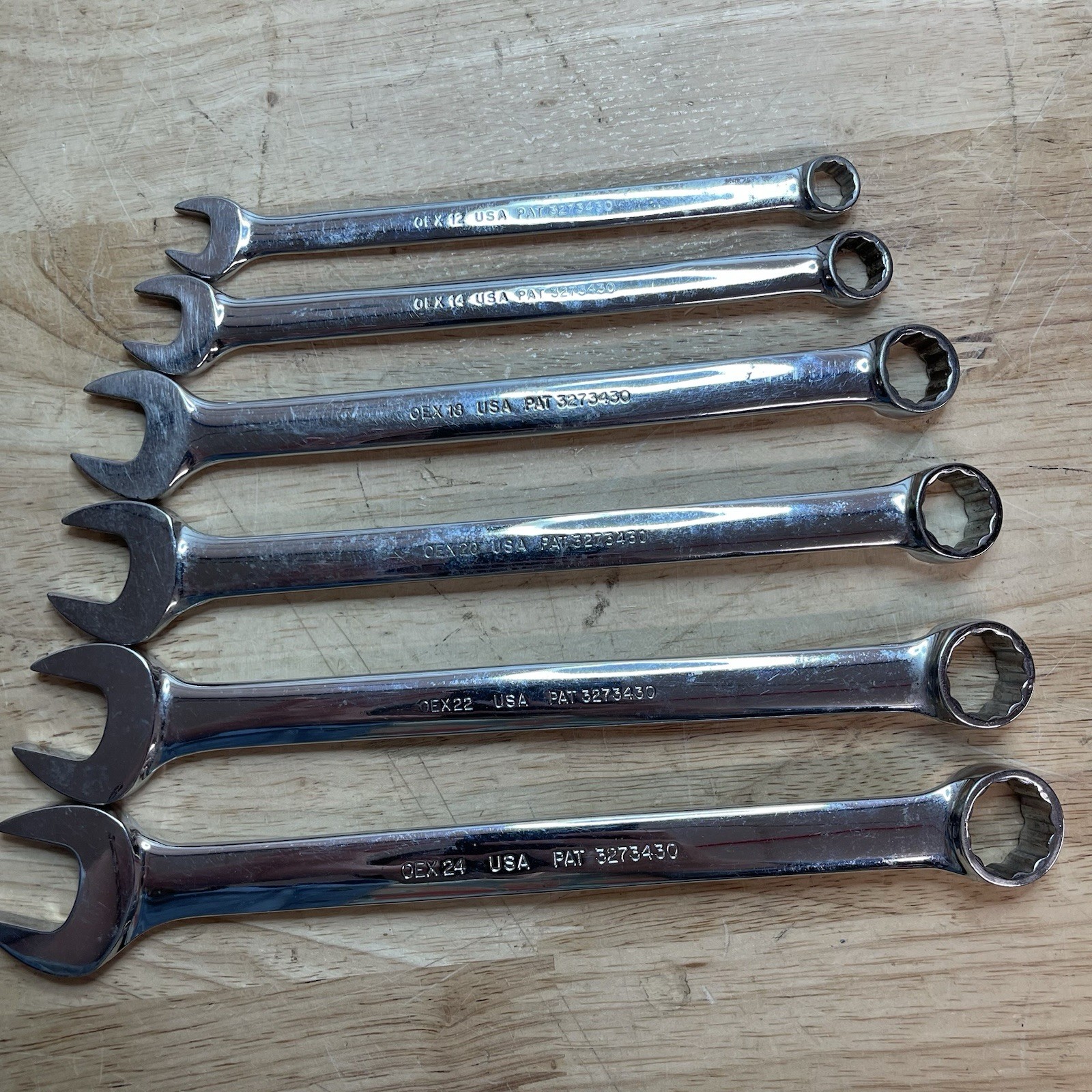SNAP-ON 6 PC 12 PT COMBINATION WRENCHES (3/8″ OEX12- 3/4″ OEX24) USED.