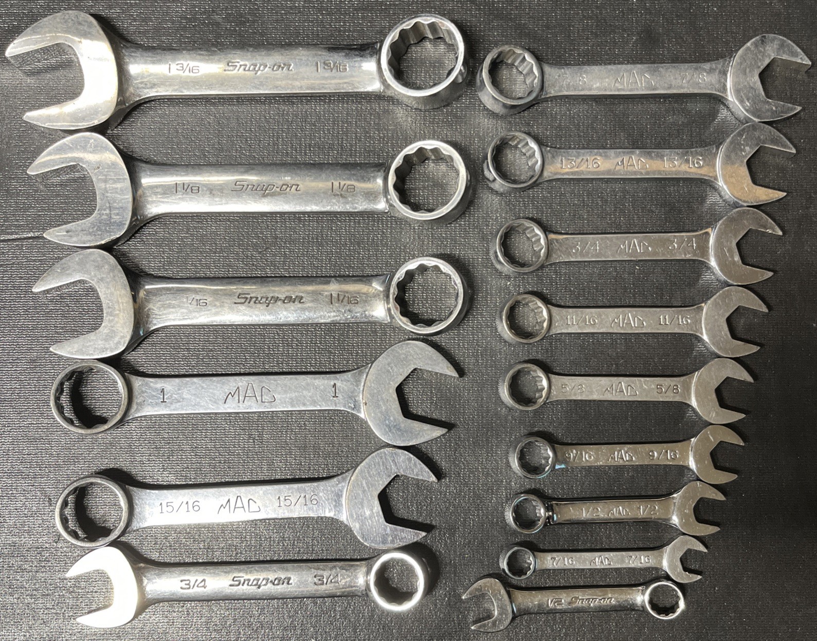 Mac Snap On 15 Piece 7/16-1-3/16” SAE 12PT Stubby Wrench Set Extra 1/2” 3/4”