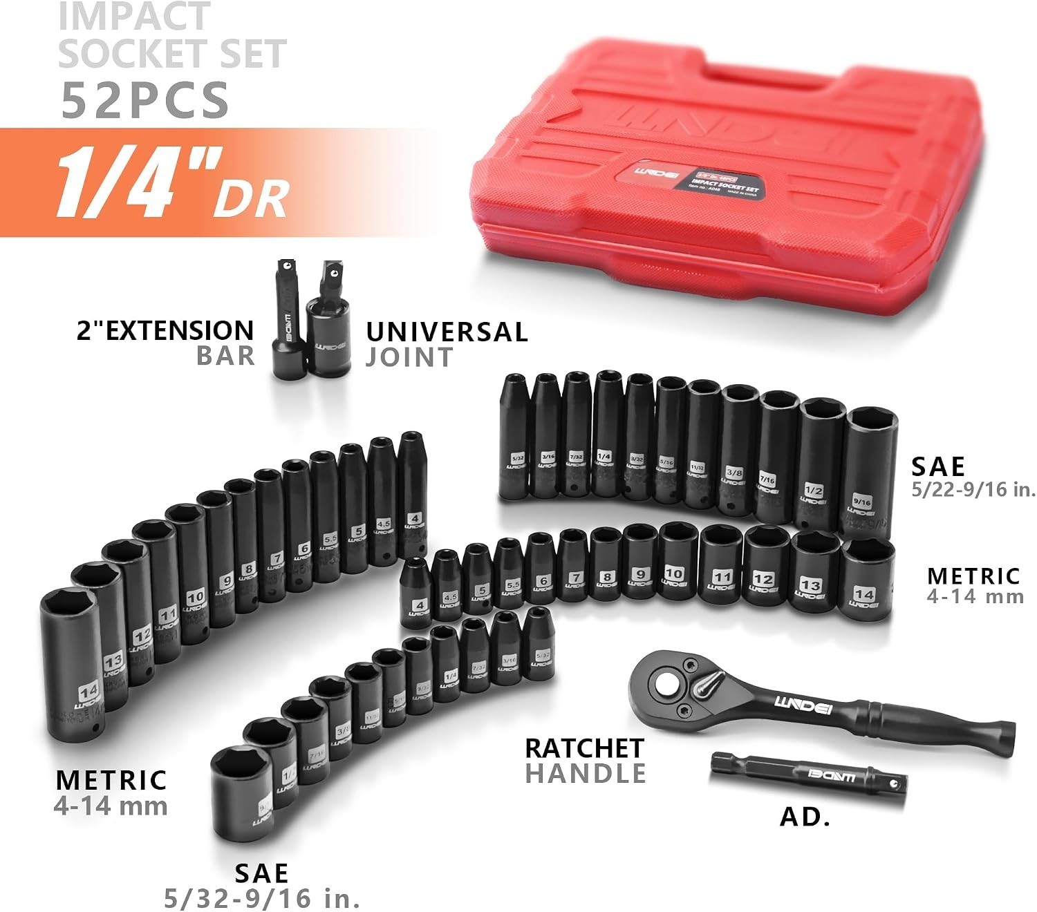 Durable 1/4″ Drive Impact Socket Set – 52 PCS With SAE & Metric Sockets Included