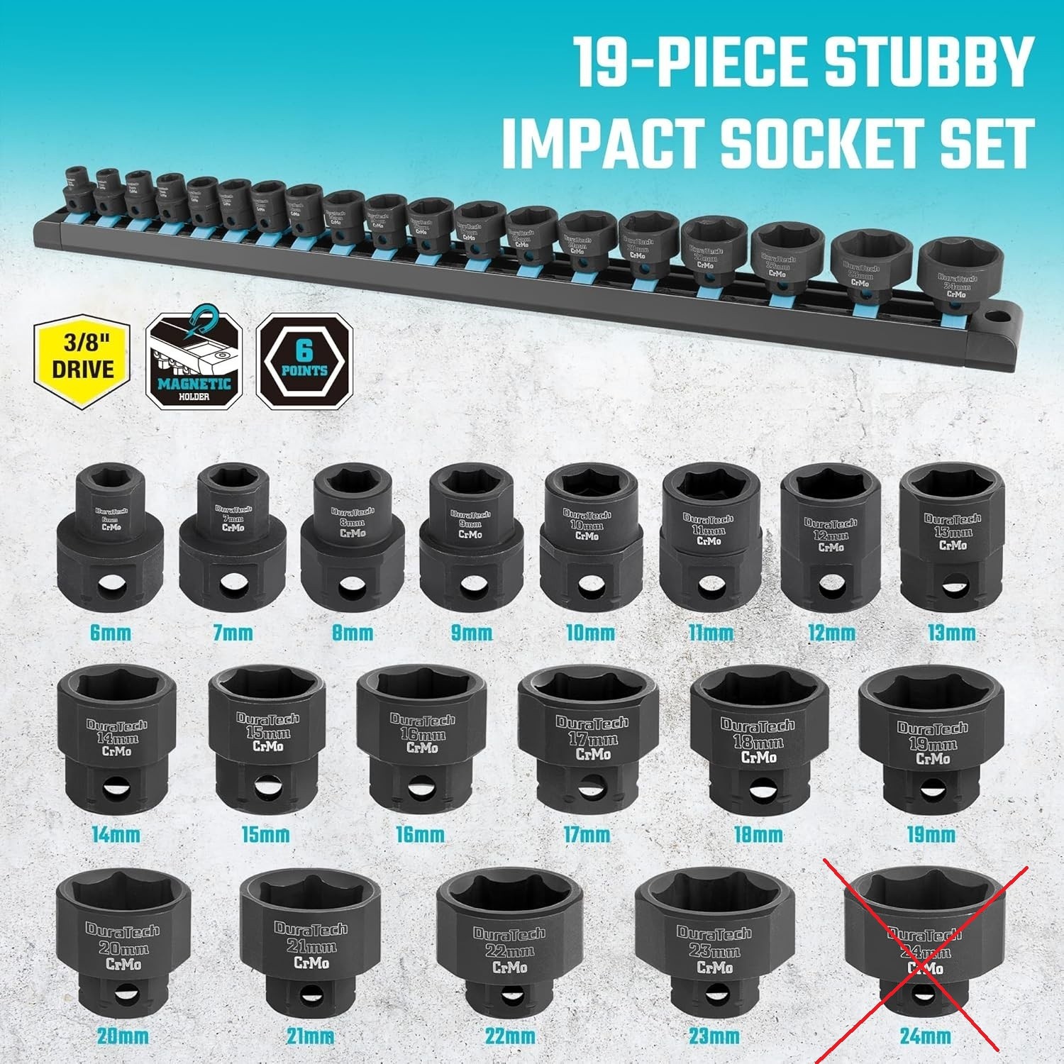 Low Profile 3/8″ Drive Stubby Socket Set – 18 Pieces missing 24mm