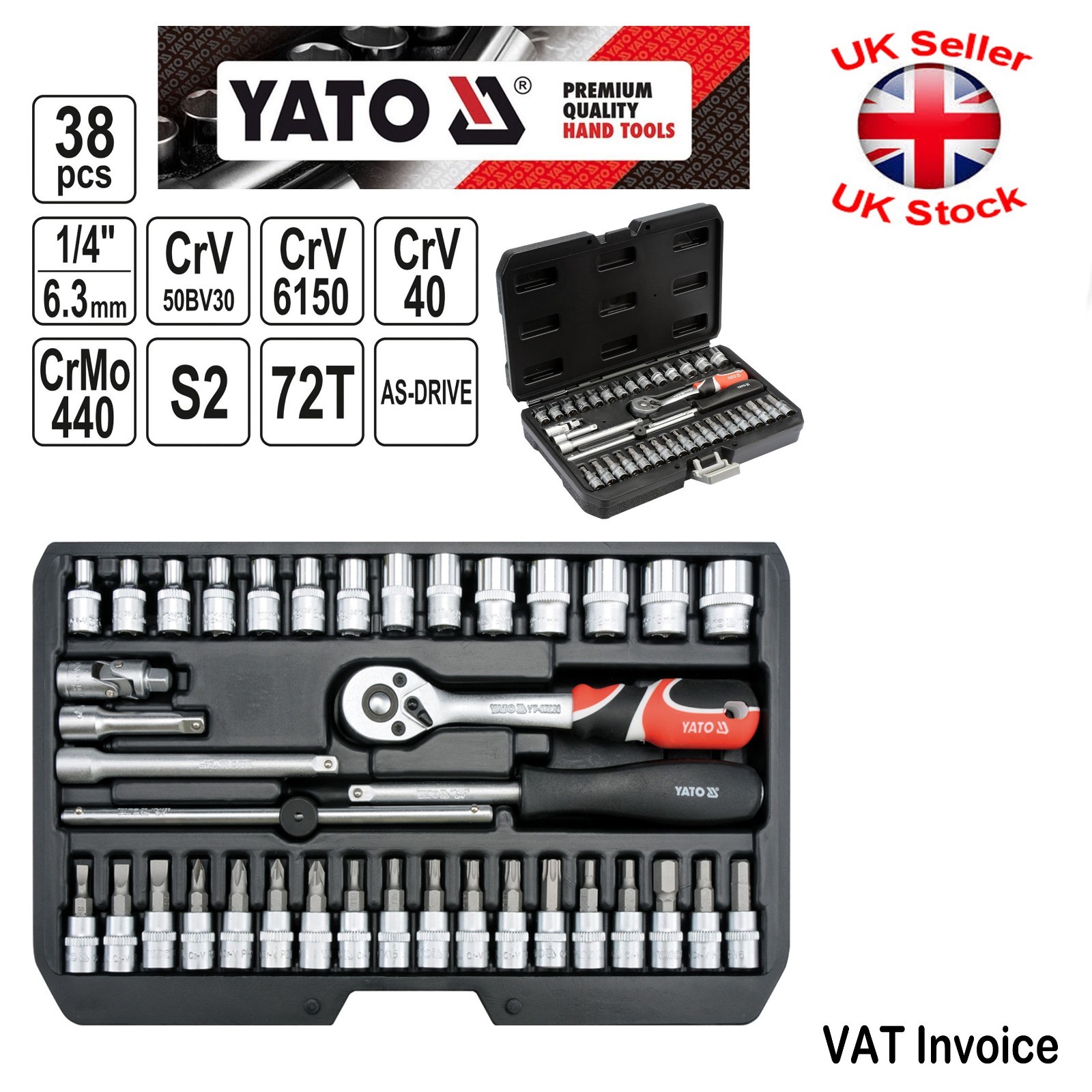 Yato Professional 38 pcs Ratchet Socket Set 1/4″ Tools Toolbox YT-14471