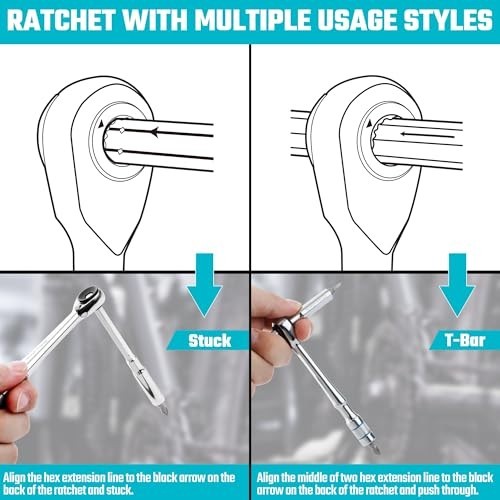 1/4 T-Handle Ratchet, Mini Ratchet Wrench with Hex Bit Extension Set, Compatibl