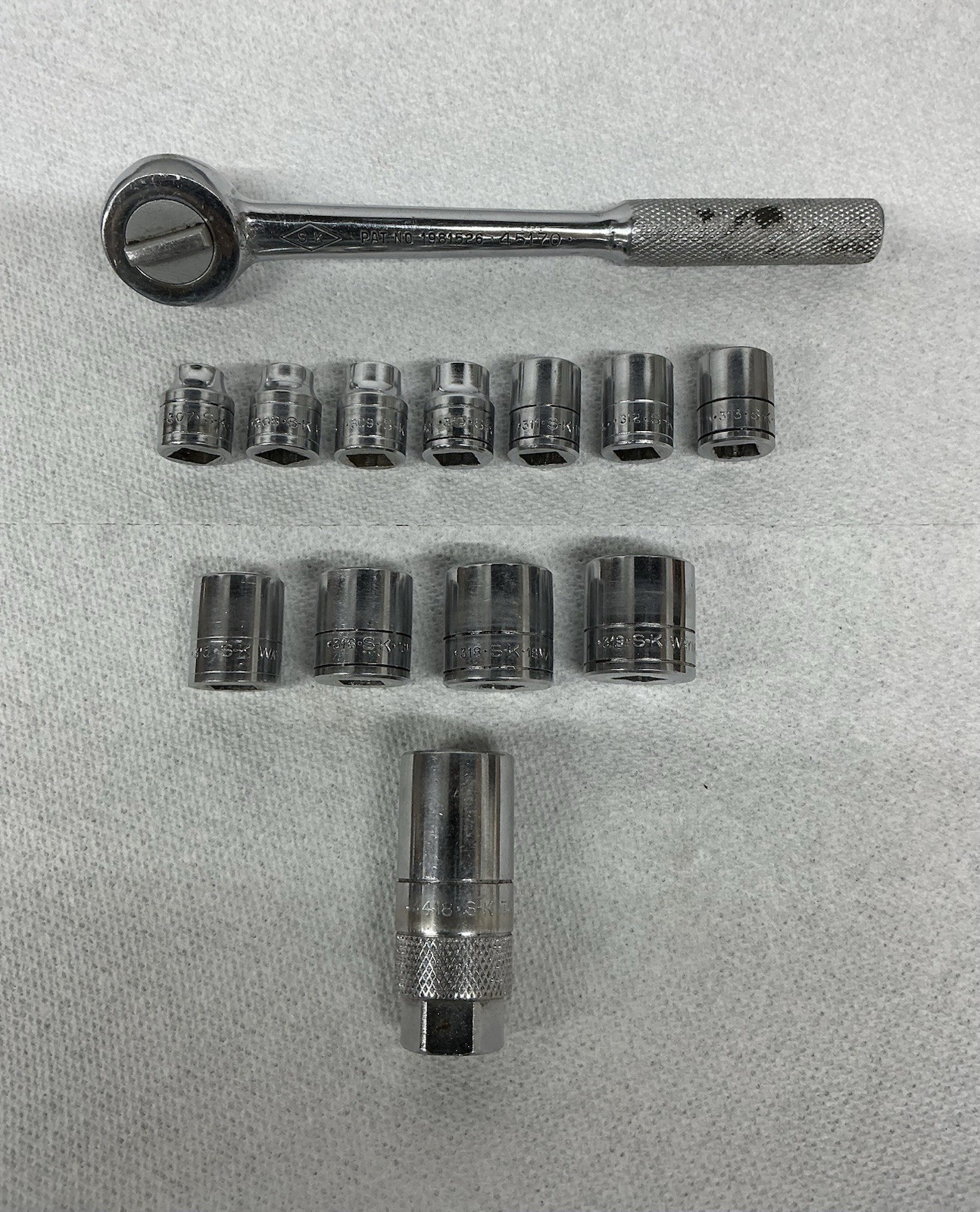 Vtg SK Wayne Socket Set 6 Point 11 Pieces 7-19mm w/Diamond Ratchet 45170 4418