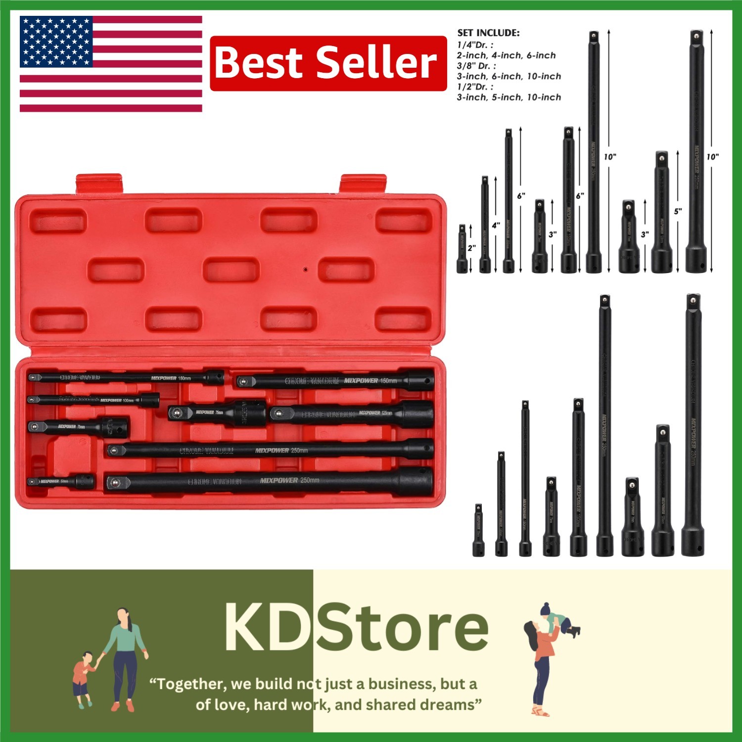 9-Piece Impact-Ready Extension Bar Set with Chrome Vanadium Steel