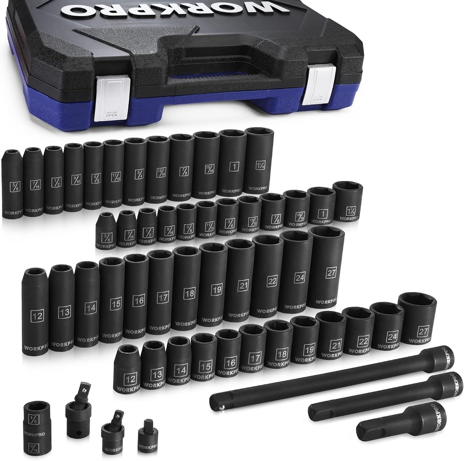 Chrome Vanadium 55-Piece Socket Set with Extension Bars & Laser Etched Markings