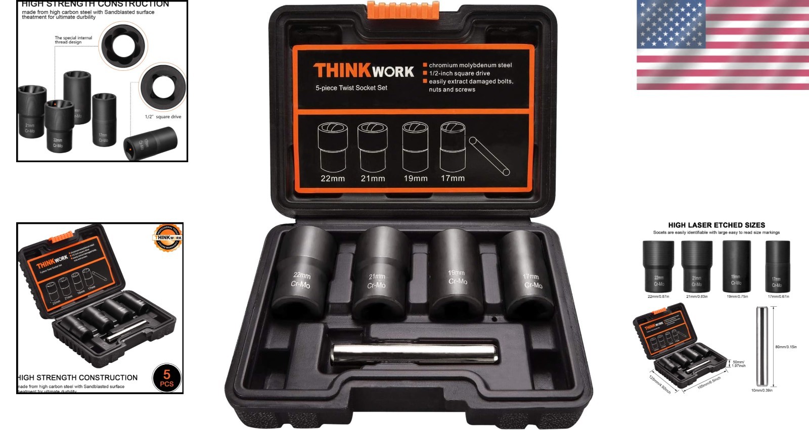 1/2 Inch Drive 5-Piece Lug Nut Removal Kit | High Carbon Steel Tool Set