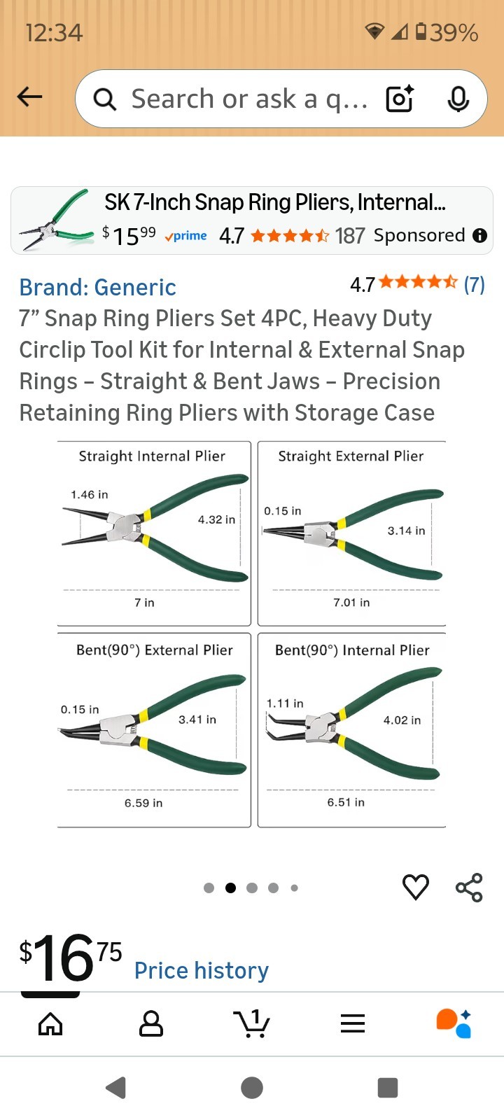 4Pcs 7″ Internal/External Snap Ring Pliers Set Heavy Duty Circlip Pliers Kit