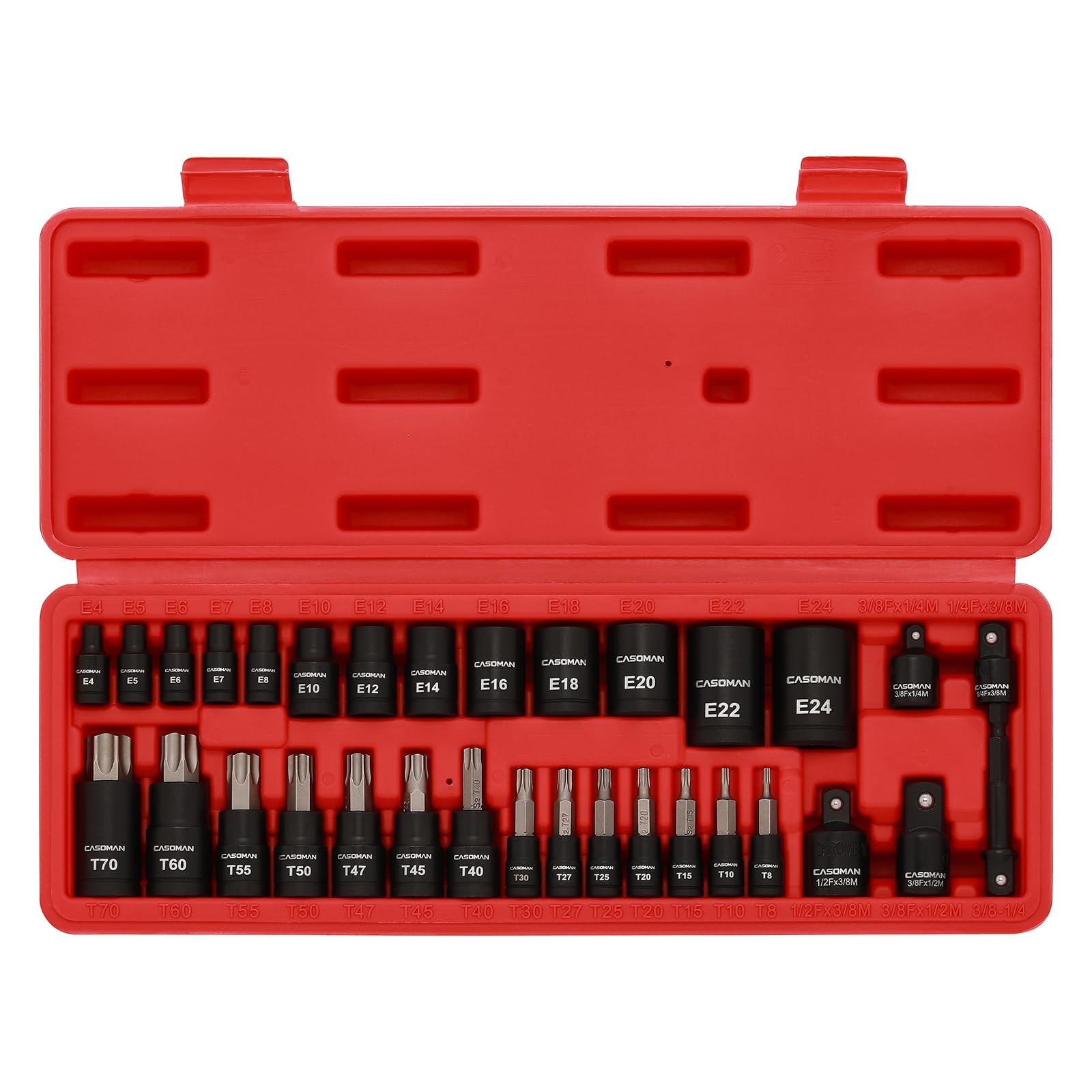 32-Piece Torx Bit Socket Set – 14 Star Bits (T8-T70) & 13 E-Torx Sockets (E4-E24