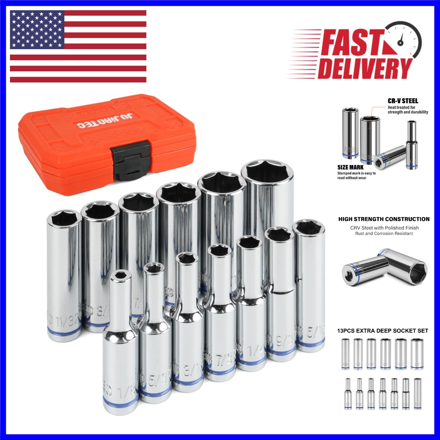 1/4″ Drive 13-Piece SAE Deep Hex Socket Set – Durable Chrome Finish Included