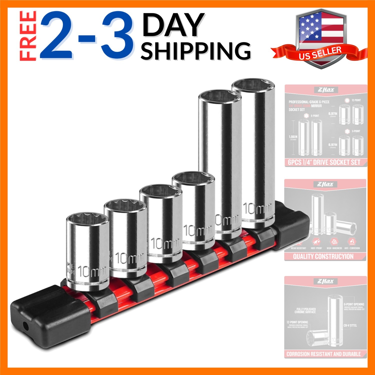6PCS 1/4″ Drive 10mm Socket Set, Deep & Shallow, 6 Point & 12 Point, Mirror F…