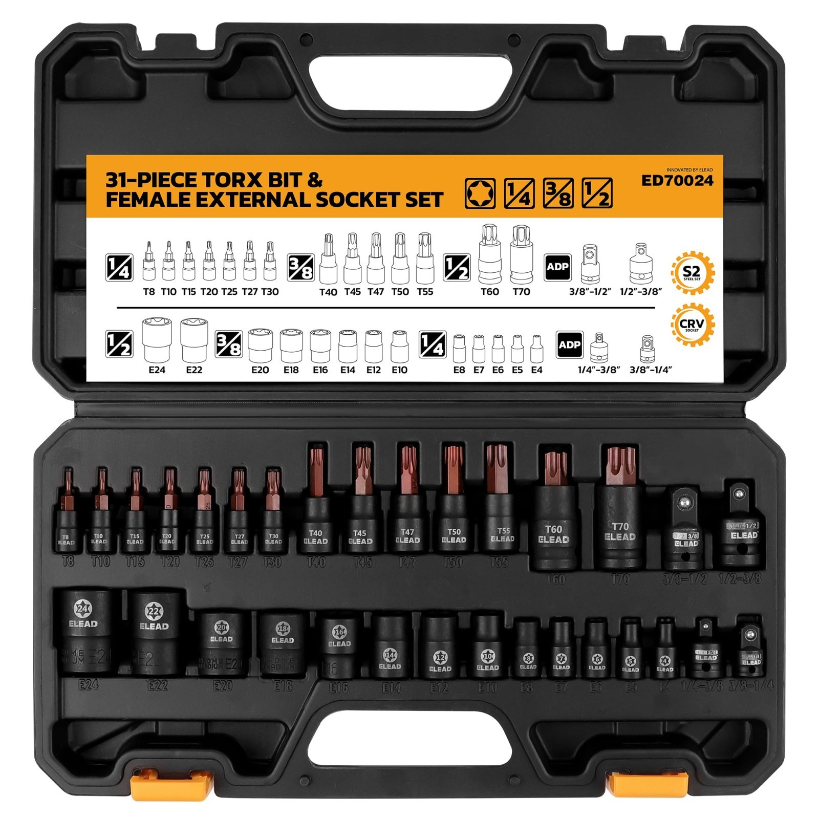 31-Piece Torx Bit Socket Set – 14 Star Bits T8-T70 & 13 E-Torx Sockets E4-E24, C