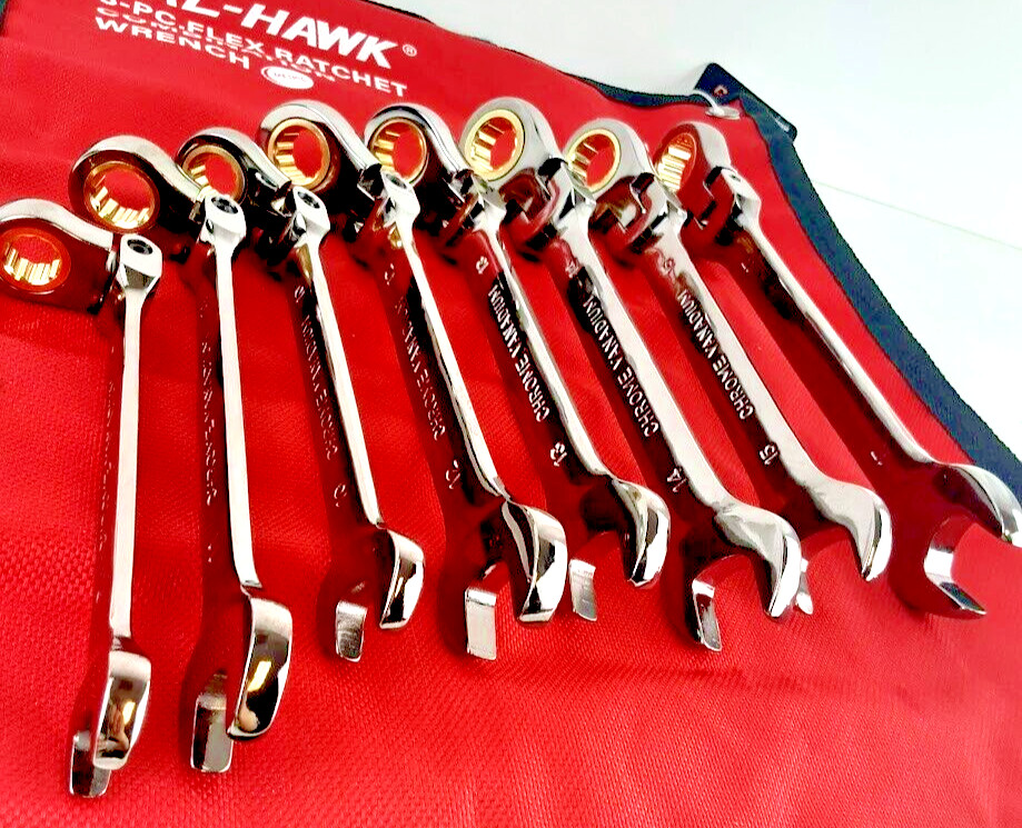 16PC FLEX HEAD RATCHET OPEN END COMBINATION WRENCH CR-V NI-PLATED METRIC+SAE SET
