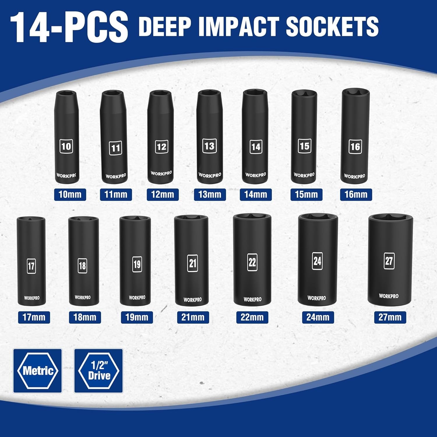 14-Piece 1/2″ Drive Deep Impact Socket Set 6-Point Cr-V Steel for Automotive …