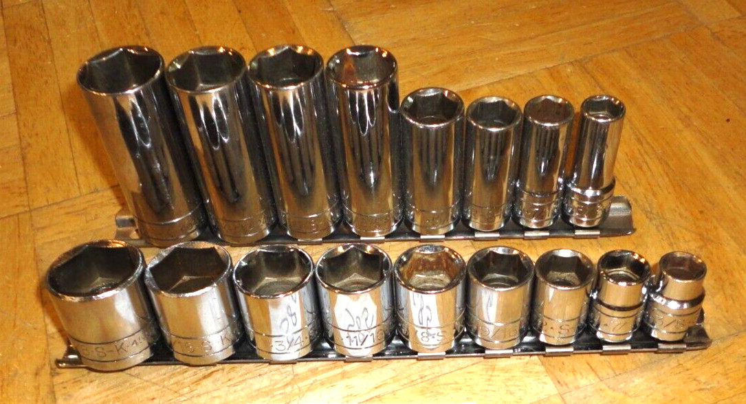 S-K TOOLS 17 PIECE 3/8 DRIVE SHORT & DEEP SAE. SOCKET SETS