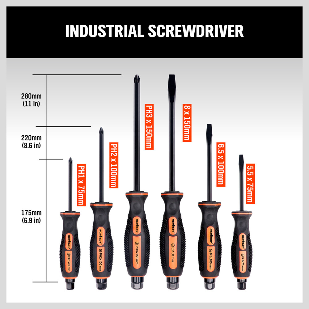 6PC Magnetic Screwdriver Set 3 Slotted 3 Phillips Hexagon Cap Industrial Grade
