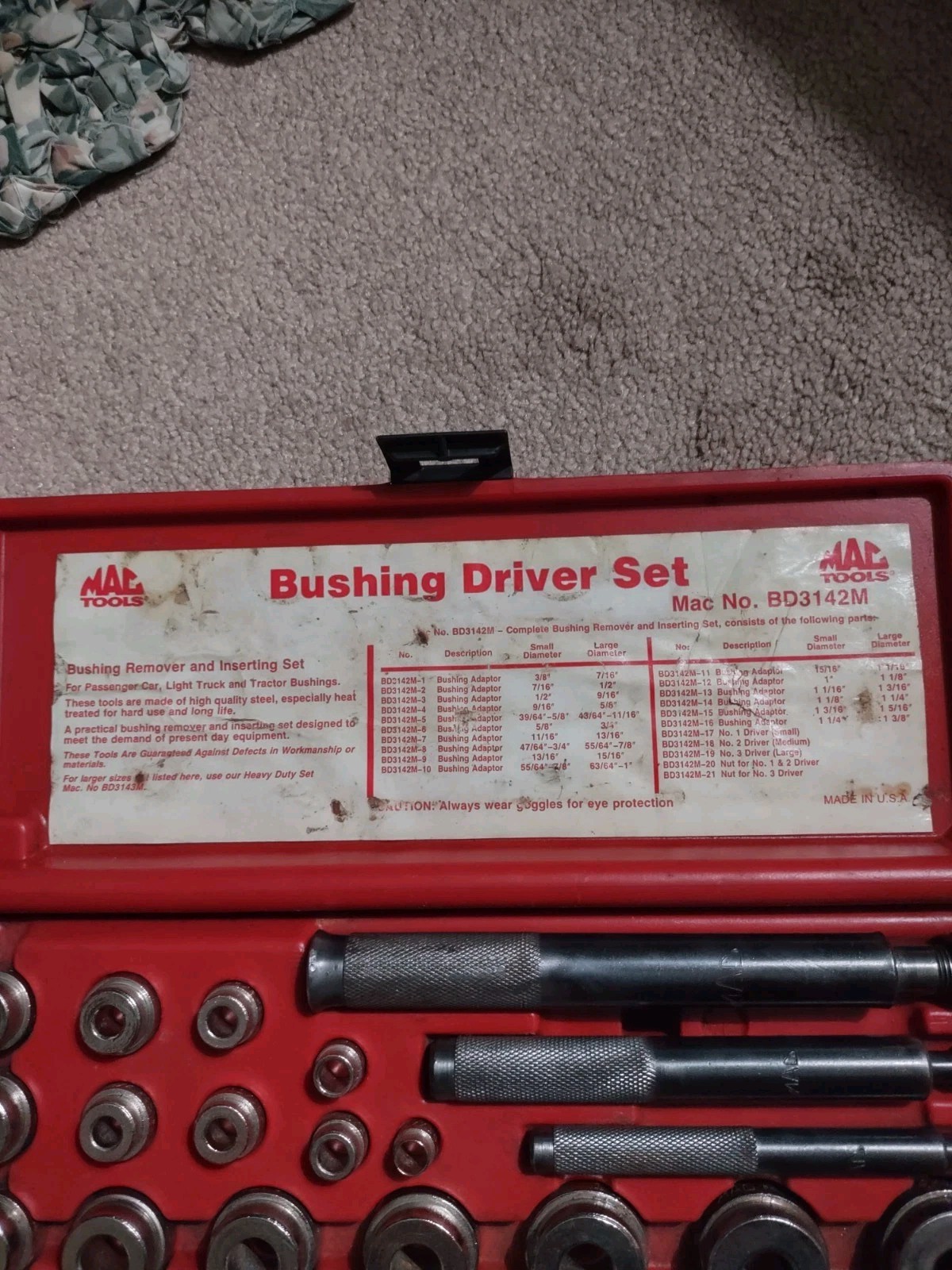 MAC TOOLS #BD3142M. 22pc Heavy Duty Bushing Driver Set #BD3142M