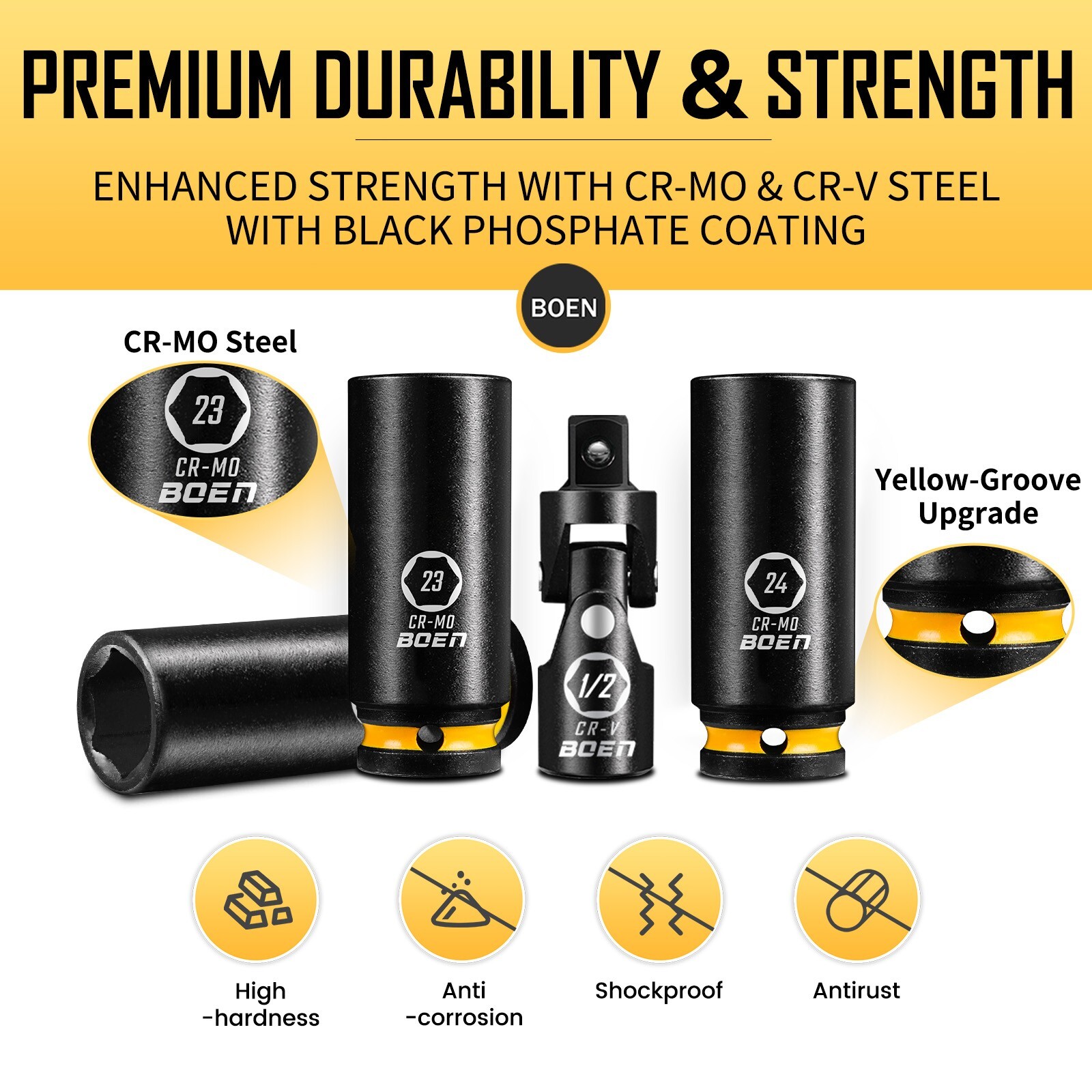 BOEN Pro 1/2″ Drive Metric Deep Impact Socket Set, 21-Piece CR-MO &CR-V Steel