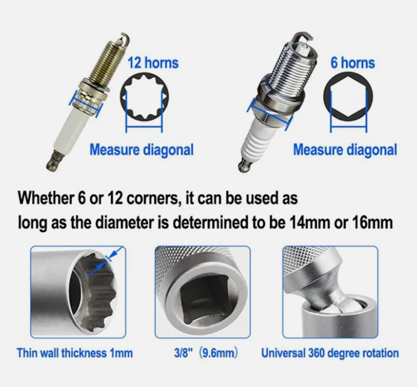 New 14MM 16MM Thin Wall Magnetic Swivel Spark Plug Socket 12-Point Removal Tool
