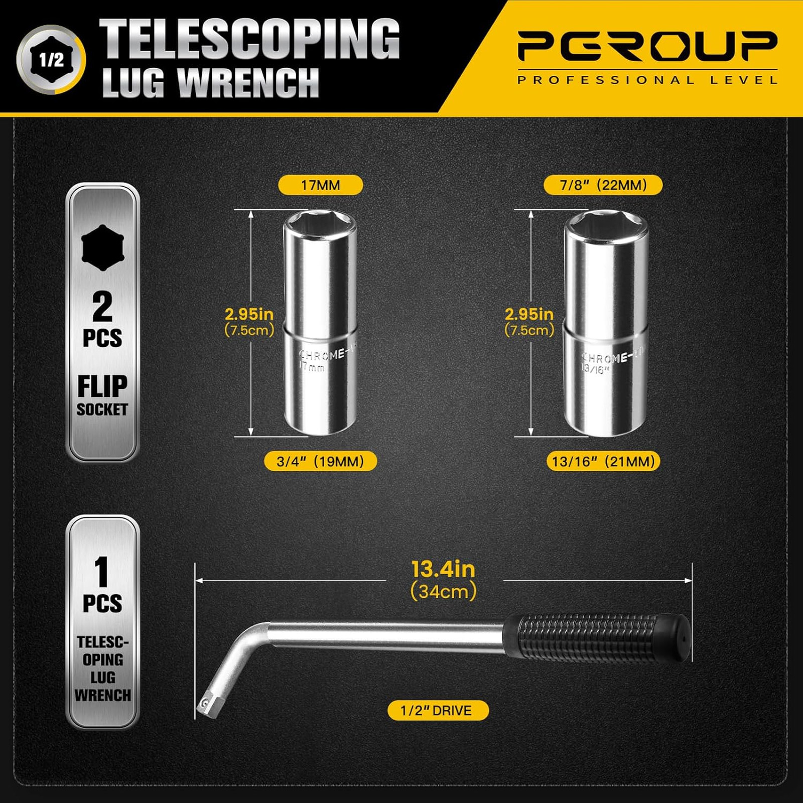 Telescoping Lug Wrench with Chrome Vanadium Steel Sockets 17mm 19mm 21mm 22mm