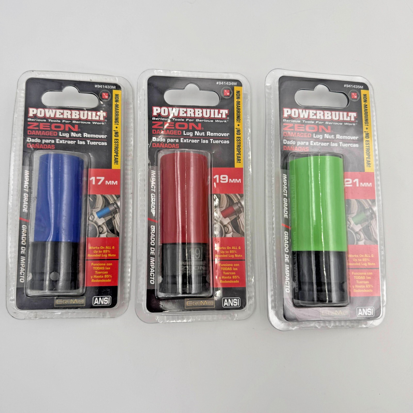 3 pc ZEON Damaged Lug Nut Remover 1/2″ Drive, 6pt, 17mm, 19mm, 21mm
