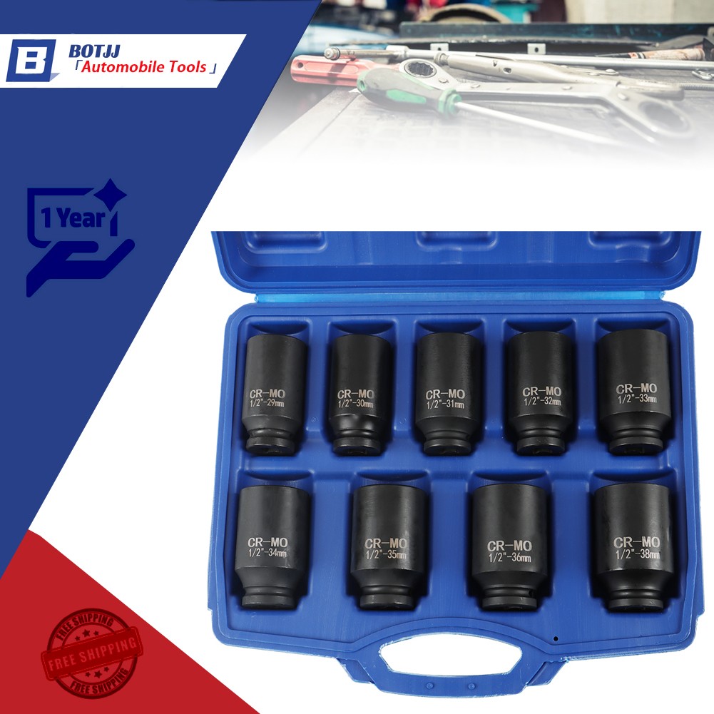 9Pcs Deep Impact Socket Set 1/2″ Drive Metric Axle Hub Nut Socket 29-38mm New
