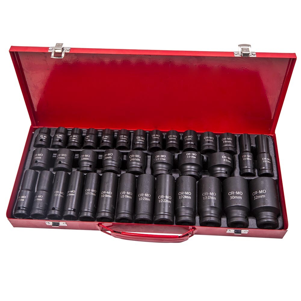 35x 6 Point Deep Impact Socket Set 1/2″ Drive Metric Garage Tool 8-32mm 9mm 10mm