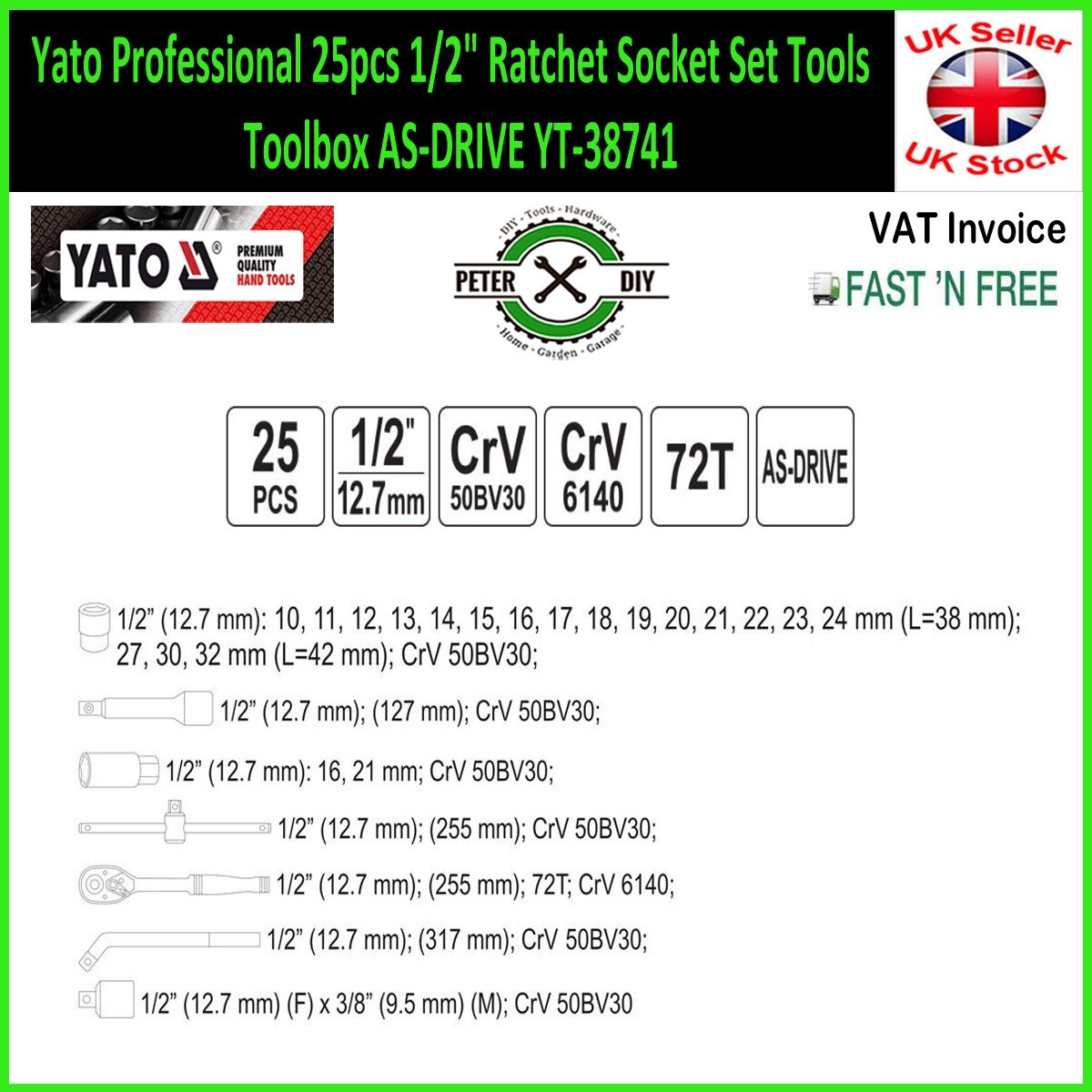 Yato Professional 25pcs 1/2″ Ratchet Socket Set Tools Toolbox AS-DRIVE YT-38741