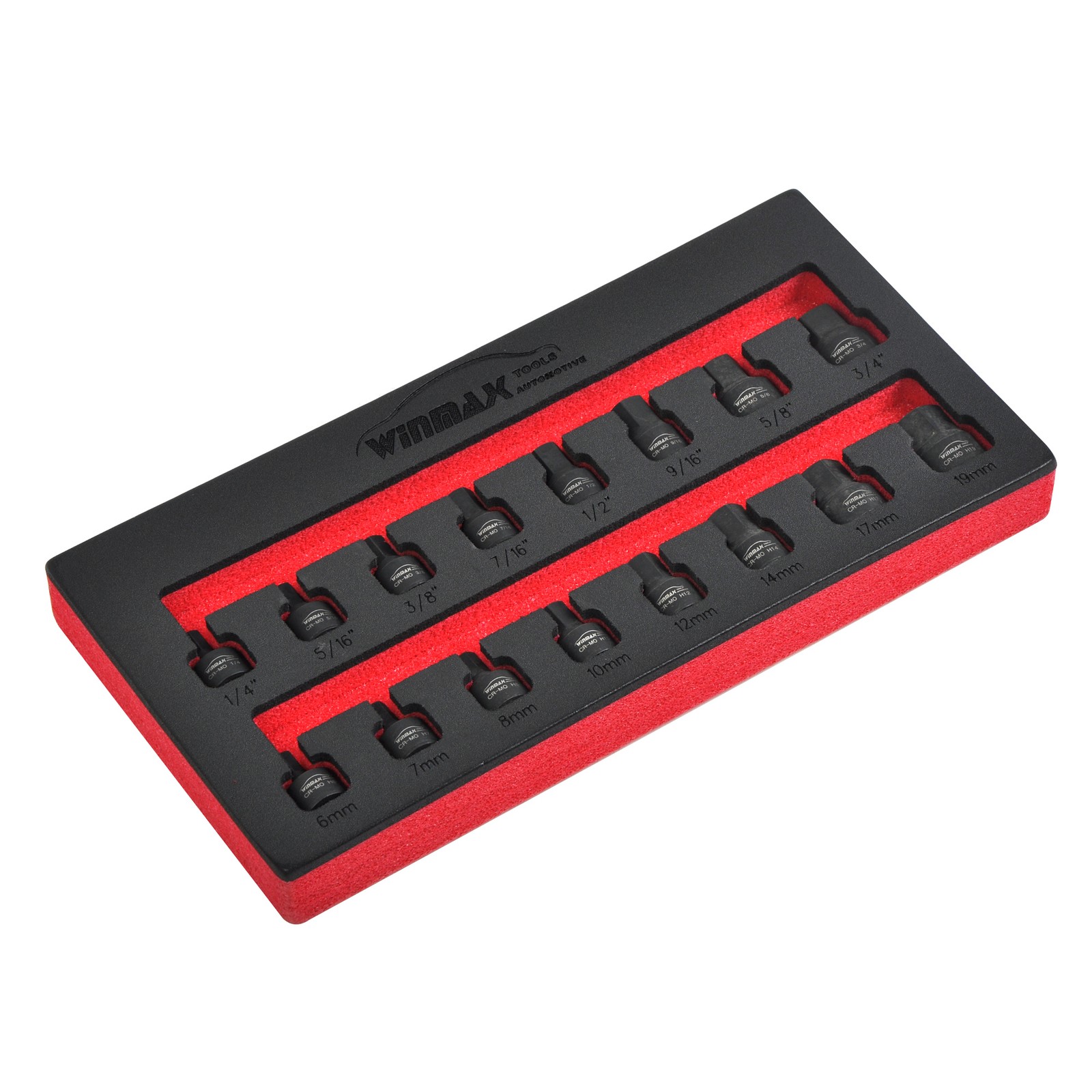 3/8″ Drive Low Profile Impact Hex Driver Set, Metric 6-19mm, SAE 1/4″-3/4″ 16pcs