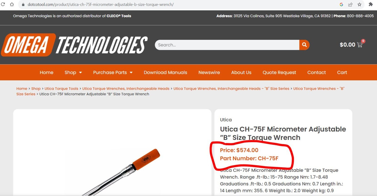 Utica CH-75F Micrometer Adjustable ”B” Size Torque Wrench