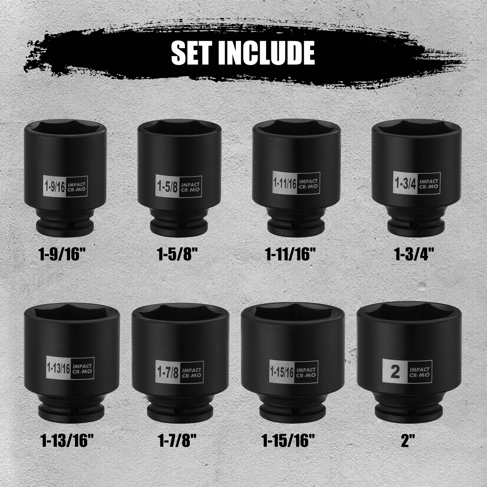 8pcs 1/2″ Drive Shallow Spindle Axle Nut Impact Socket Set,1-9/16″ to 2″ CR-MO