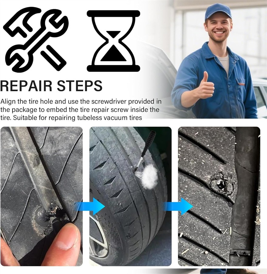 100-300x Tire Repair Rubber Nails Tyre Puncture Repair Screws Kit w/ Screwdriver