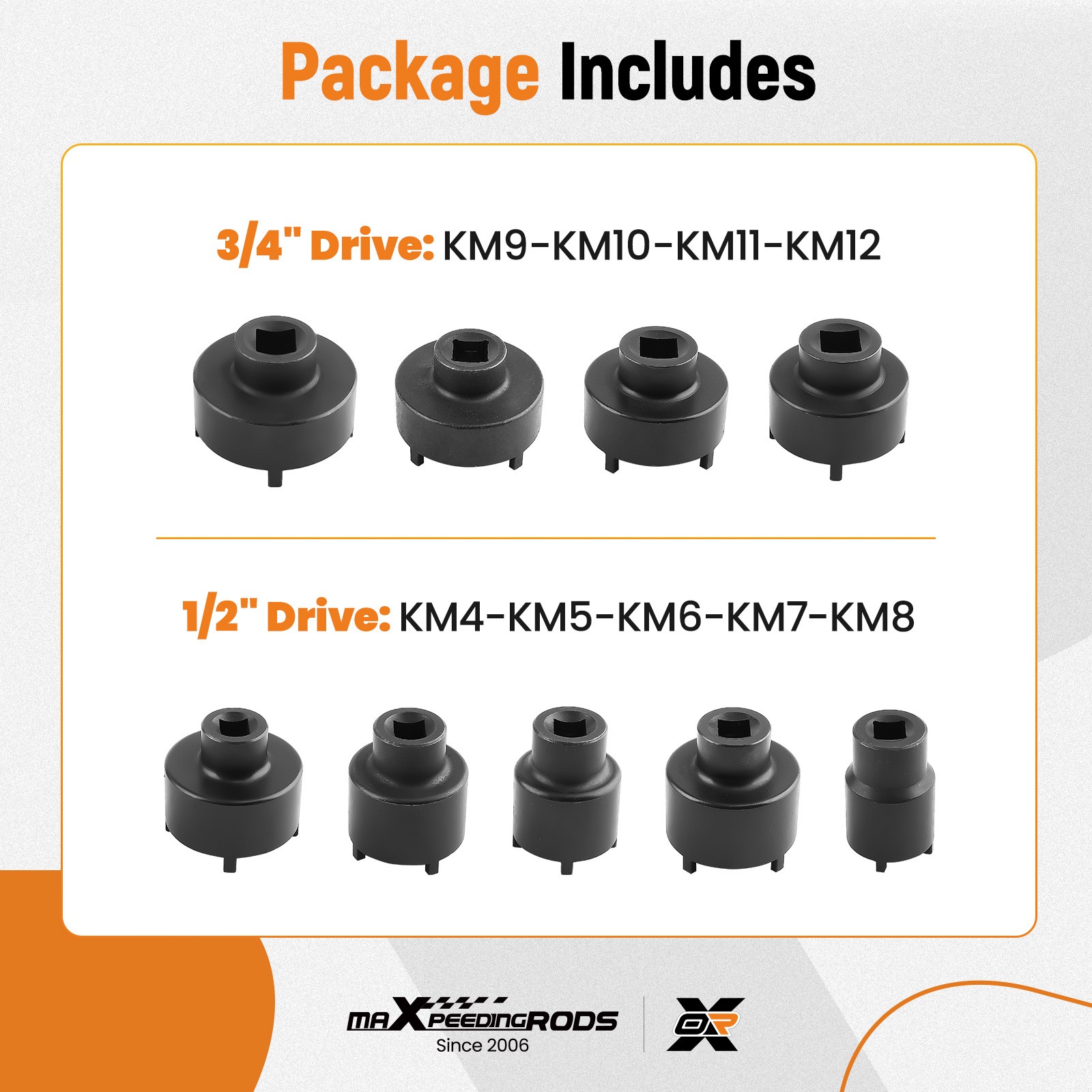 9X 1/2″ & 3/4″ DRIVE GROOVED LOCK NUTS SOCKET SET FOR KM4, KM5, KM6, KM7, KM8