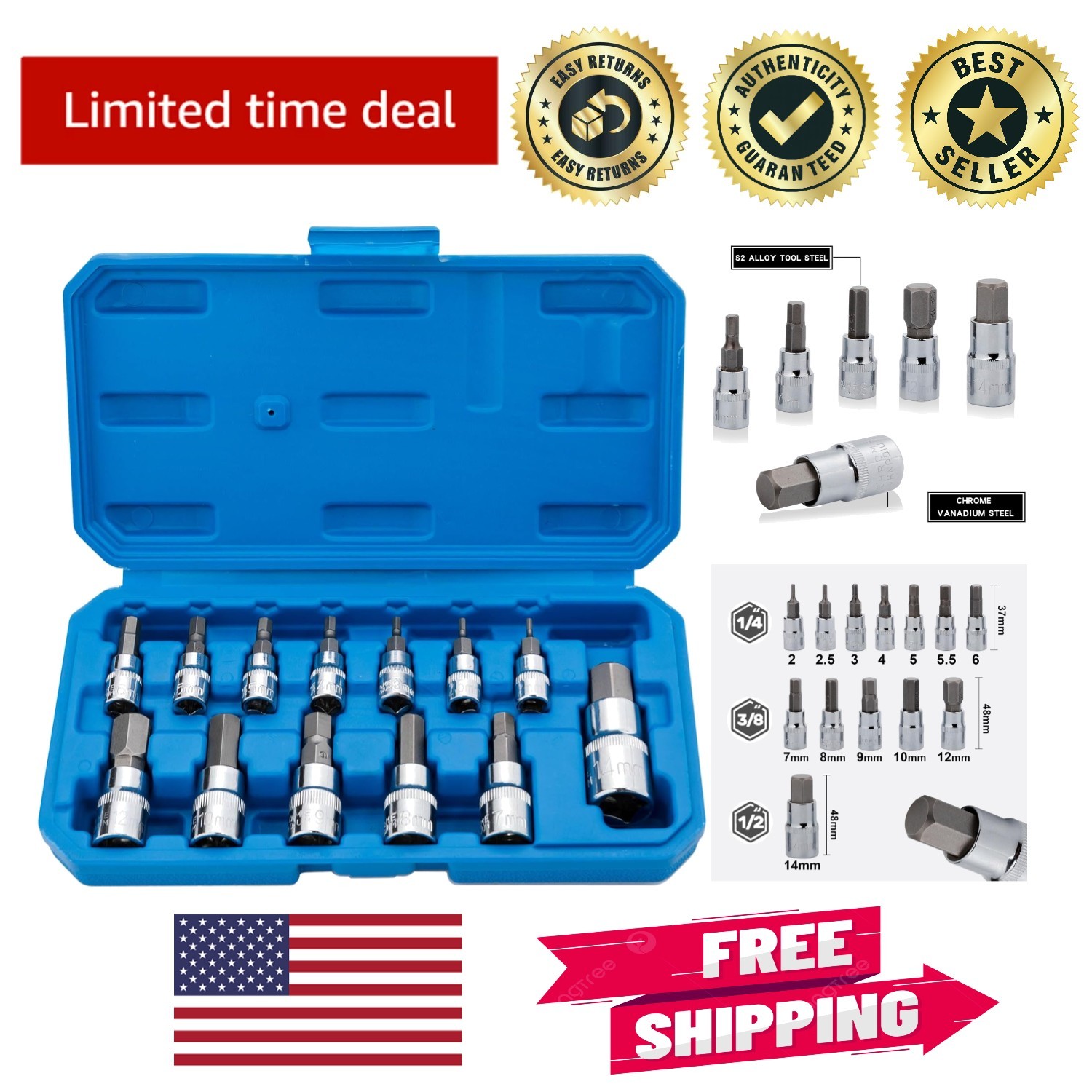 Versatile 13-Piece Metric Hex Bit Socket Set for Tools | Polished Chrome Finish