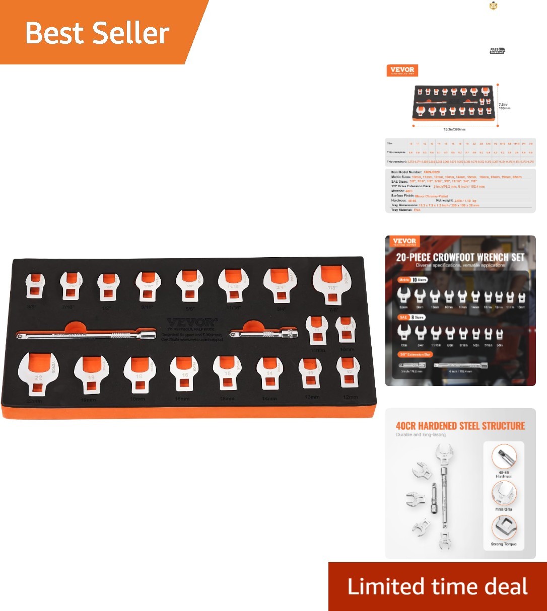 20-Piece Crowfoot Wrench Set – High-Strength 40Cr Steel with Organizer