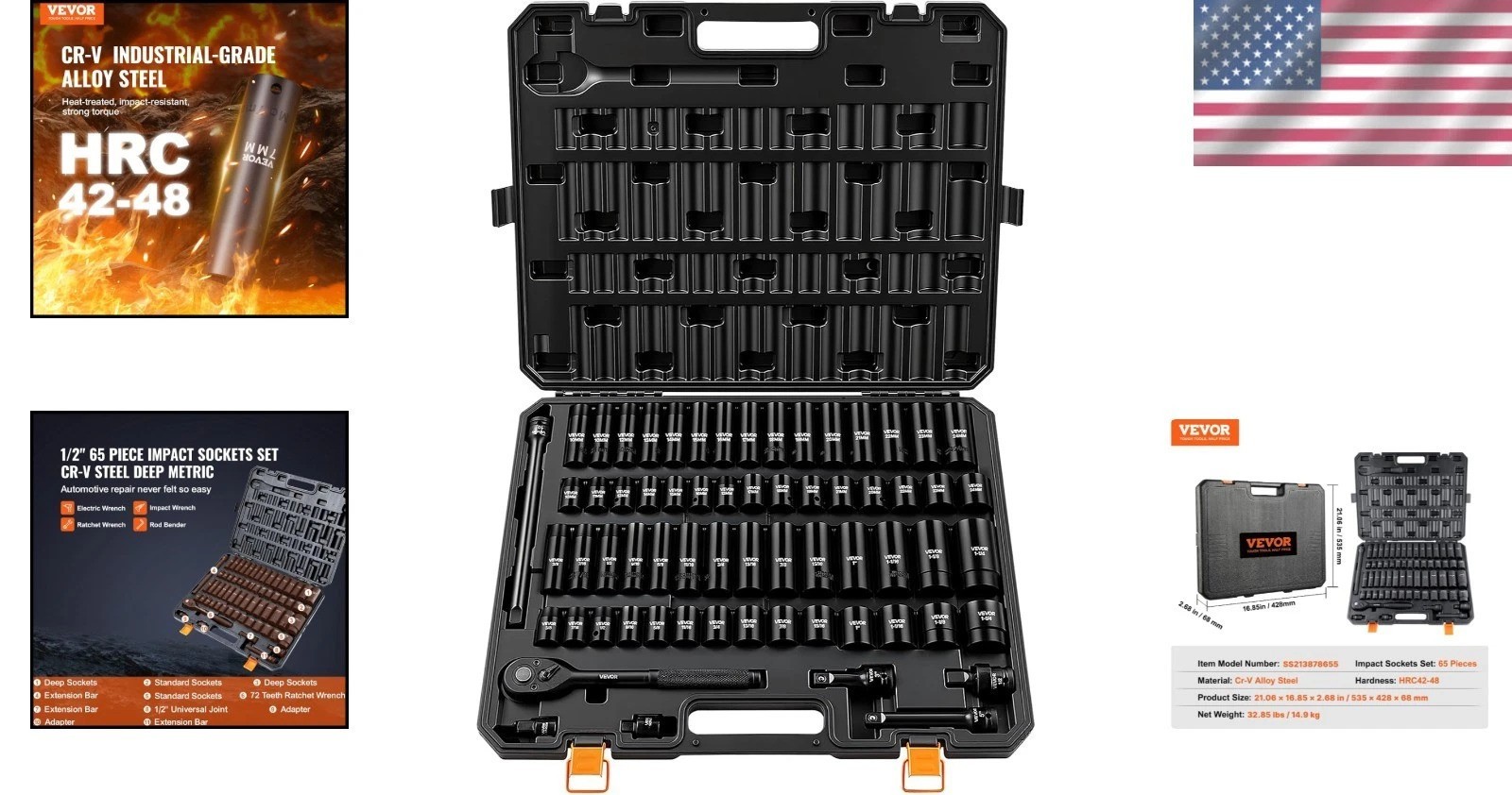 1/2″ Drive Impact Socket Set, 65 Piece SAE 3/8″ to 1-1/4″ and Metric 10-24mm,…