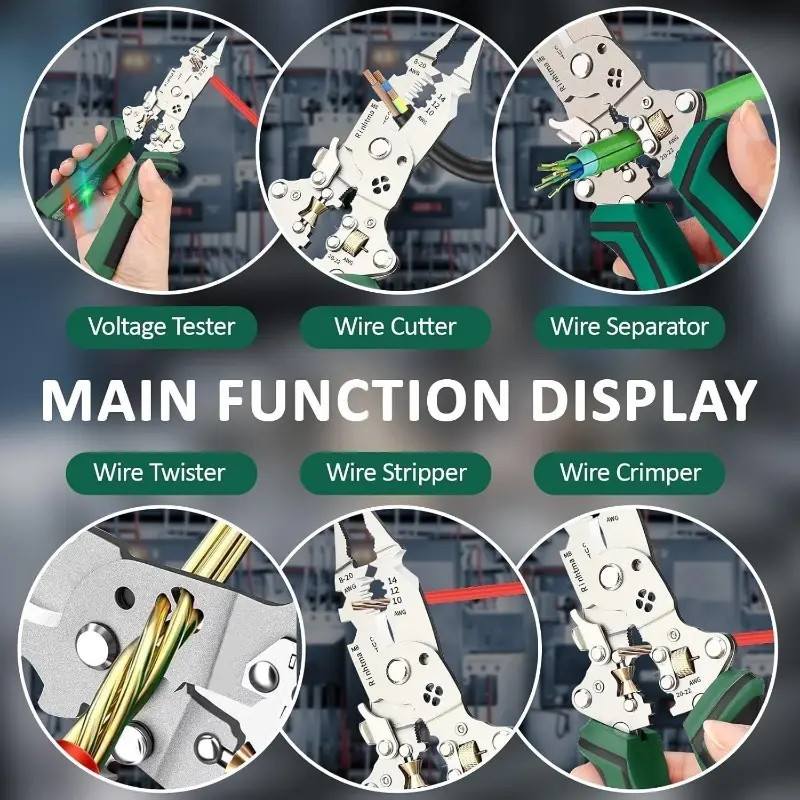 16-in-1 Rechargeable Wire Stripper Pliers Voltage Tester 12-250V Green