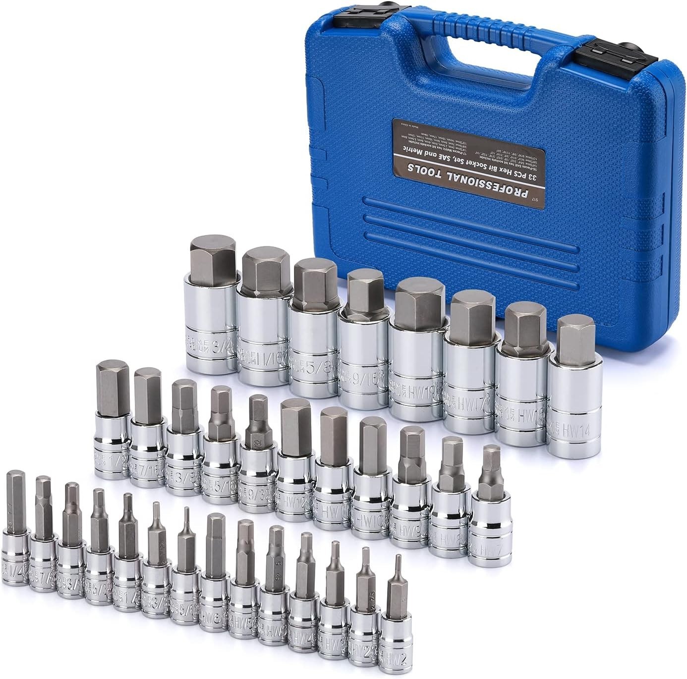 Comprehensive 33-Piece Hex Socket Set with SAE & Metric Bits – Chrome Finish