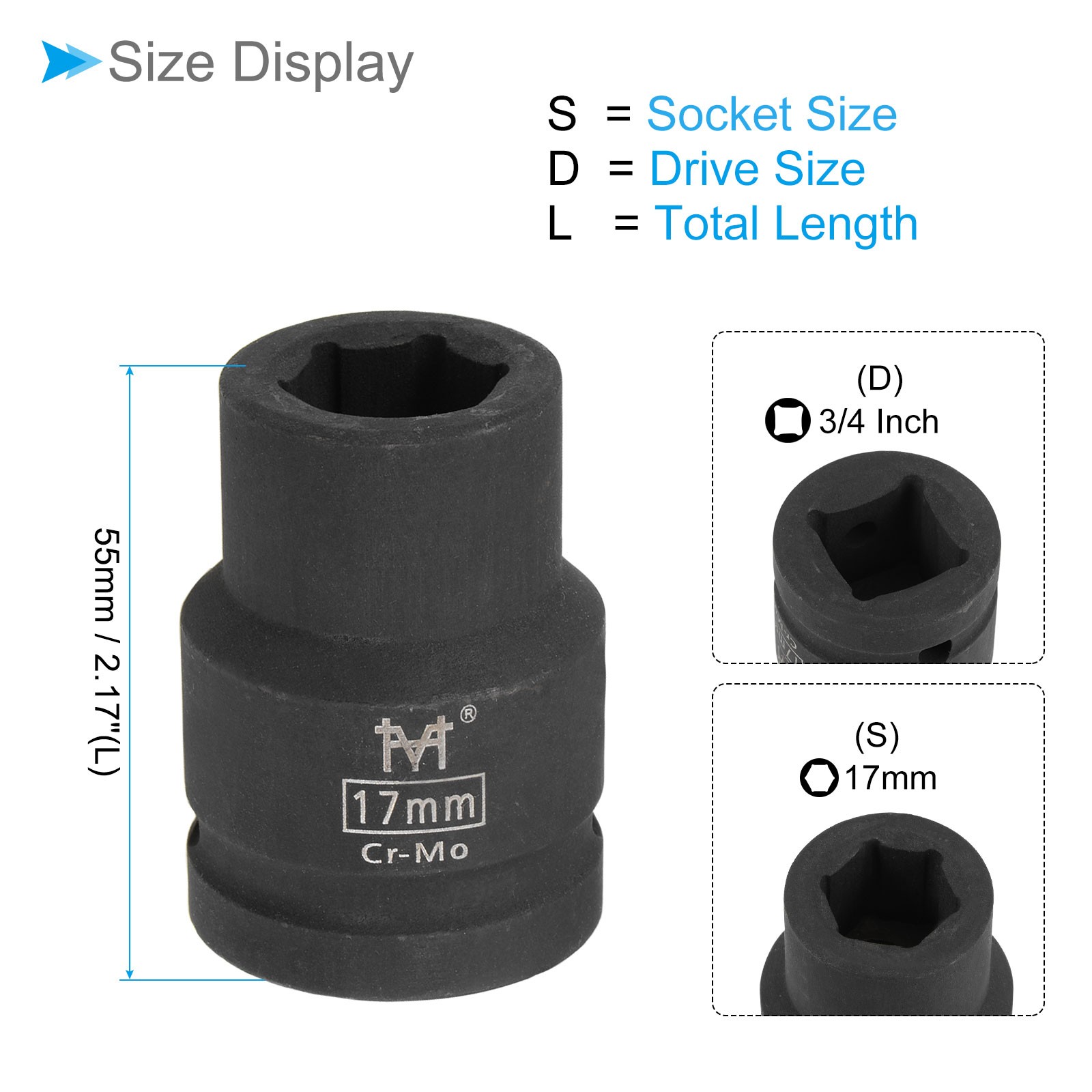 6-Point Shallow Impact Socket 3/4-Inch Drive 17mm Socket Cr-Mo Axle Nut