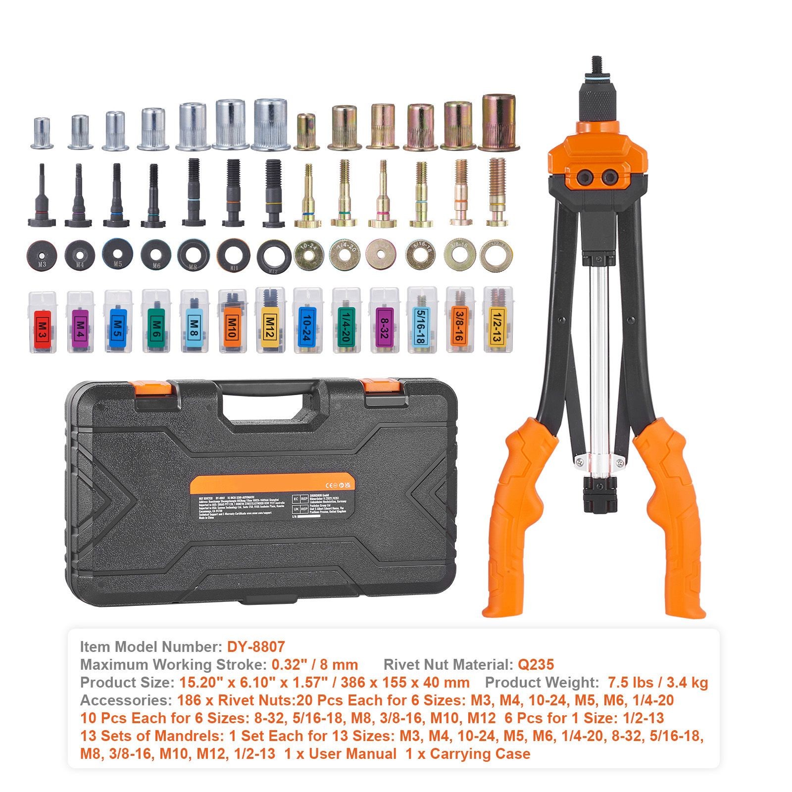 16in Semi-Auto Rivet Nut Tool 13 Mandrels 186 Nuts