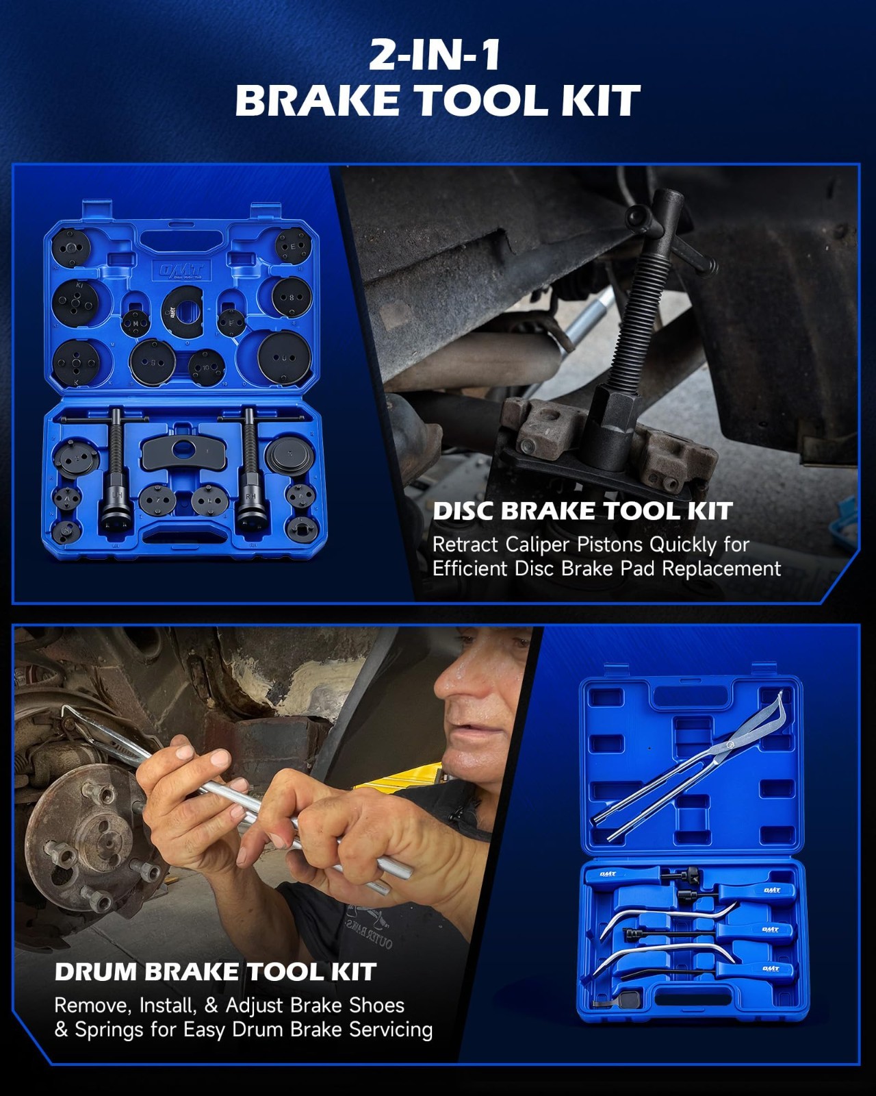 2-in-1 Brake Caliper Compression Tool Set, 32pc Disc & Drum Service Kit, 18 Adap