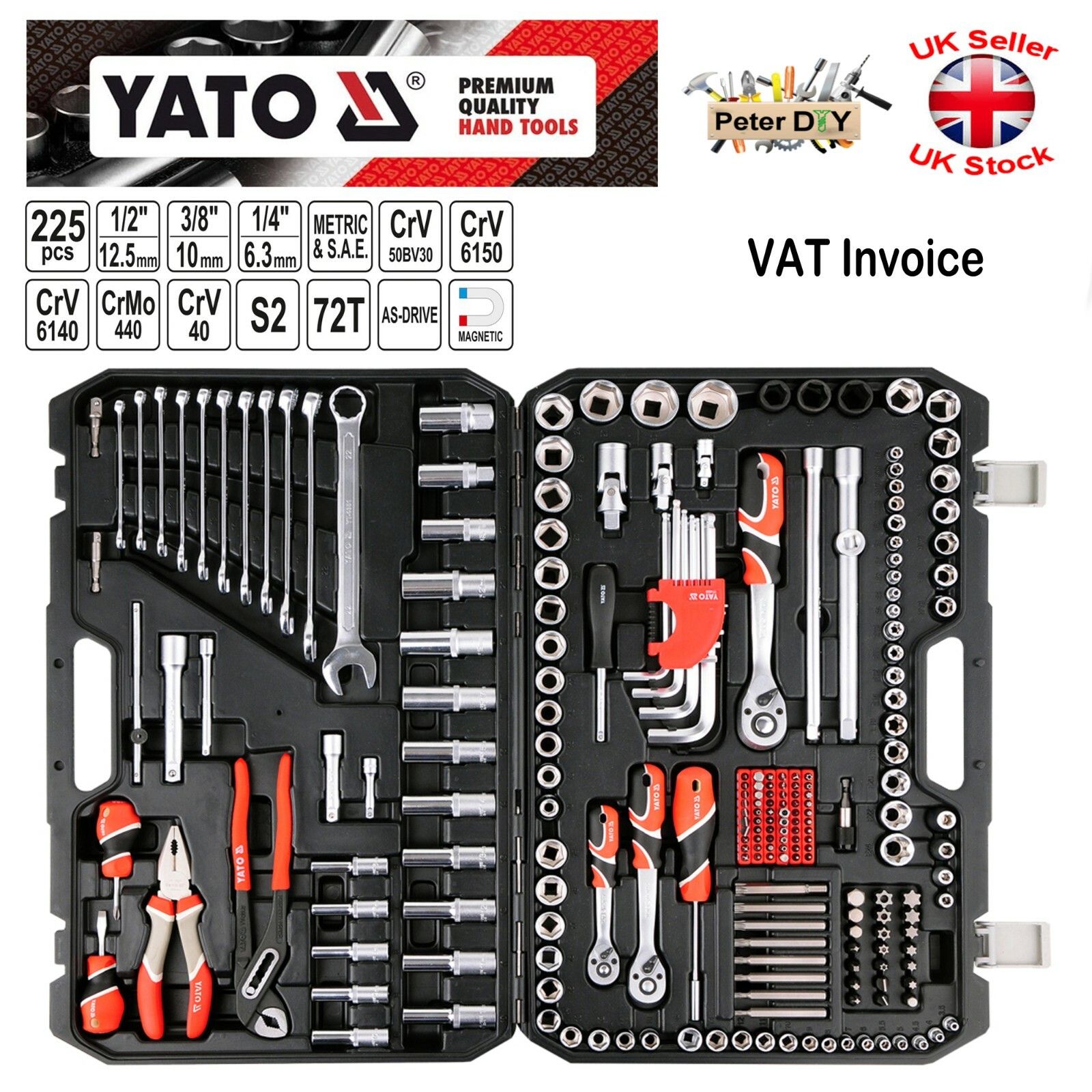 225pcs Ratchet Socket Set 1/2 1/4 3/8 Tools Toolbox YT-38941 Professional YATO